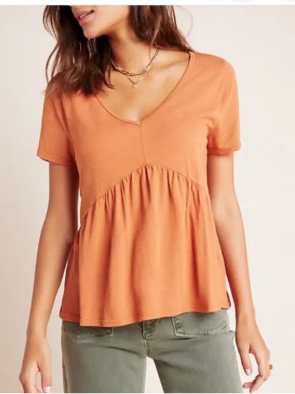 T.La Anthropology Short Sleeve V-Neck Peplum Top - Rust Orange